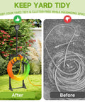 Comparison of tidy garden using 3-In-1 Garden Hose Holder With Solar Light And Shepherd Hooks, Freestanding Hose Storage for 160 Inch Hose.