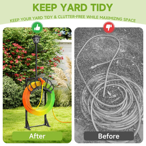 Comparison of tidy garden using 3-In-1 Garden Hose Holder With Solar Light And Shepherd Hooks, Freestanding Hose Storage for 160 Inch Hose.