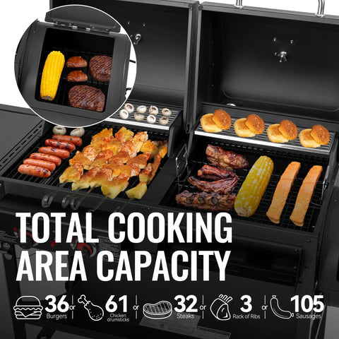 Two Burner Gas And Charcoal Grill Combo With Offset Smoker And Side Burner For Backyard BBQs, 1,020 sq in cooking area