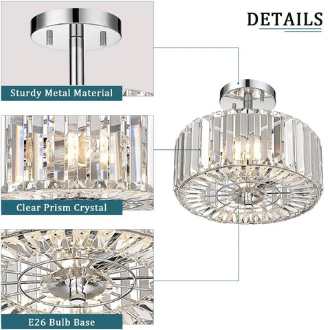 Details of Gold Finish 11.88 Inch Semi Flush Mount Crystal Ceiling Light With Two Lights Modern Round Crystal Chandelier Style Flush Mount