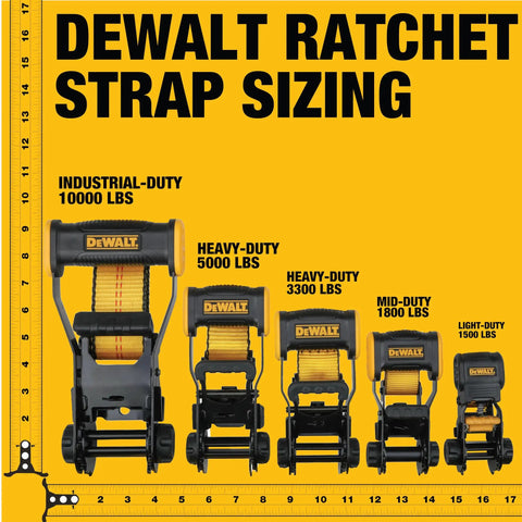 Comparison chart of DEWALT ratchet straps showing different duty ratings from 1500 lbs to 10000 lbs, including mid-duty 1800 lbs.