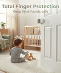 Heavy Duty 4 Pack Door Pinch Guards That Save Littles From Darn Door Slams And Keep The Nursery Secure With A Quick No Tool Installation Process Inside Any House, toddler playing on a plush rug by a crib.