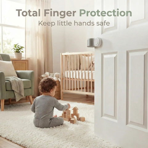 Heavy Duty 4 Pack Door Pinch Guards That Save Littles From Darn Door Slams And Keep The Nursery Secure With A Quick No Tool Installation Process Inside Any House, toddler playing on a plush rug by a crib.