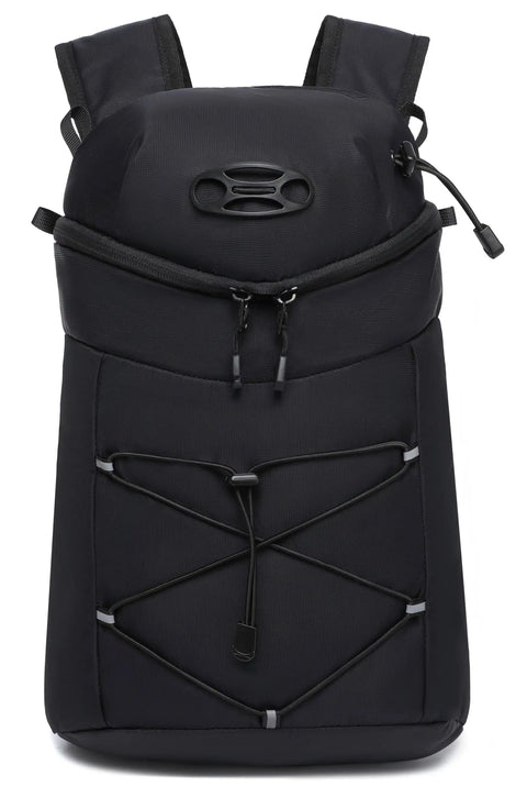 Front view of a black lightweight insulated hydration backpack with 2L or 3L water bladder for hiking, trail running, cycling and race day.