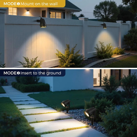 Plug In Outdoor Spotlight Kit 5W Two Pack, 3000K Warm White Landscape Lighting, IP66 Waterproof Round Spotlights mounted and ground