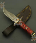 Damascus Steel Hunting Knife With Rosewood Handle 8 Inch Full Tang Blade Traditional Style Leather Sheath For Camping Skinning And Outdoor Tasks And Bushcraft Enthusiasts