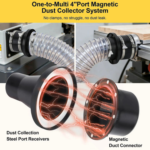 One To Multi Magnetic Dust Collector System For 4 Inch Woodworking Dust Hose Includes 1 Port Connector And 2 Sets Of 4 Inch Couplers Quick Connect Easy Move Between Tools Vacuum System Compatible showing magnetic duct connector and steel port receiver