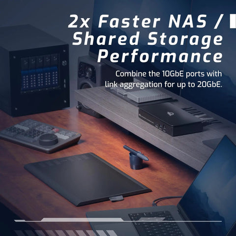 Next Level Thunderbolt 5 And Thunderbolt 4 Heavy Duty Network Dock Featuring Dual 10 Gigabit Ethernet Ports Along With Eleven Plug And Play Connectors For Rock Solid Performance On Mac And Windows Computers on a desk with devices.