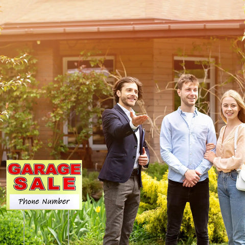 Three Piece Extra Large Garage Sale Sign Kit With Stakes, 24 By 16 Inches, Yard Sale Advertising Signs For Multiple Locations, bold garage sale sign in yard