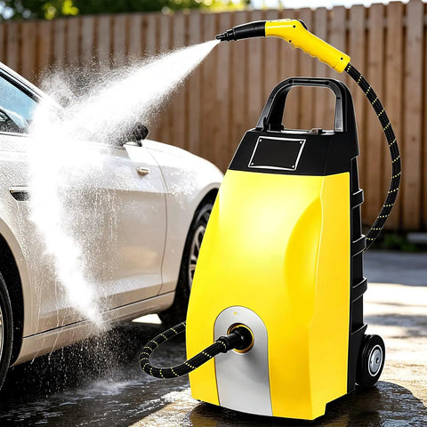 Industrial Steam Cleaner Featuring Adjustable Two Thirty Degree Heat And Seven Heavy Duty Tools, spraying water on a car.