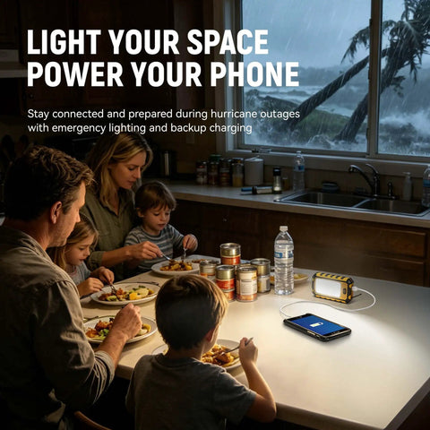 Family using Rechargeable Magnetic Work Light With 40W LED 1500 Lumens Beast Mode Brightness in kitchen during storm prep.