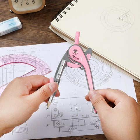 6 Inch Compass And Protractor Gear For Geometry And Drafting, Precision Circle Maker With Sturdy Grip And Smooth Handling, Ideal For Classrooms, DIY Projects, Art And Design, Arc And Circle Creation, pink compass drawing a circle