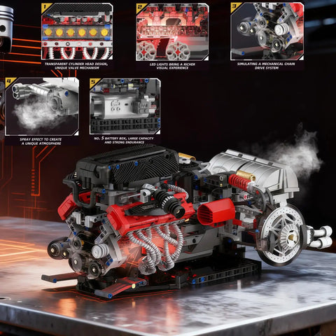 Realistic V12 Engine Model Kit That Runs Visible MOC Car Engine Project For Gearhead Enthusiasts With Motor, Lighting And Exhaust STEM Engineering Toy Set For Adults, display model with smoke and LED lights