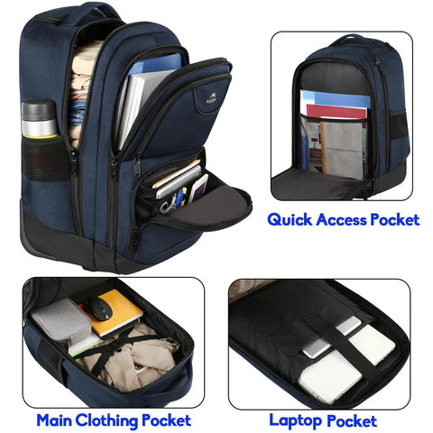 Blue MATEIN rolling backpack with wheels; front view shows laptop and clothing pockets and a quick-access pocket.