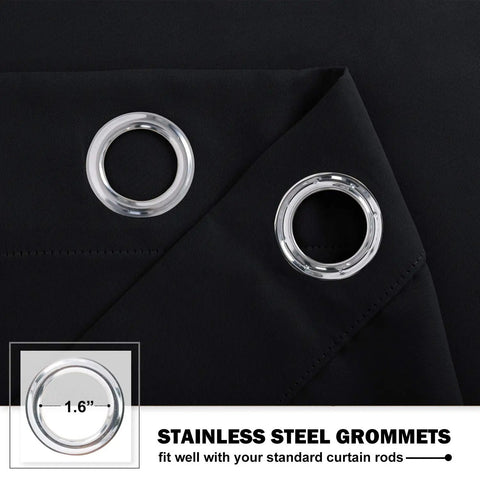 Close-up of grommets on RV Blackout Window Curtains Set Two Panels 29 Inch Wide Cafe Short Kitchen Drapes For Travel Trailer RV Bathroom Sunroom Privacy And Light Blocking Black.