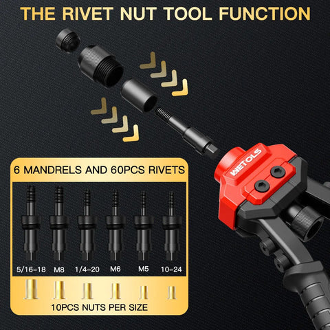Wetols 3 In 1 Rivet Nut Gun Tool Kit With Reamer And Mandrels Fastening Hardware showing mandrels and rivets for auto body repair.