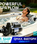 Built Tough 1.5HP Dual Speed Spa Pump Featuring Slick 48 Frame Motor Design And Kickass Water Flow With Zero Sweat Quick Swap Install For Ultimate Hot Tub Vibes in action, showing strong water flow from pump.