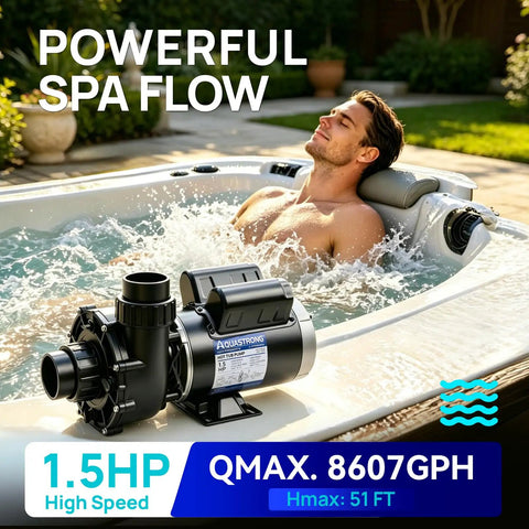 Built Tough 1.5HP Dual Speed Spa Pump Featuring Slick 48 Frame Motor Design And Kickass Water Flow With Zero Sweat Quick Swap Install For Ultimate Hot Tub Vibes in action, showing strong water flow from pump.