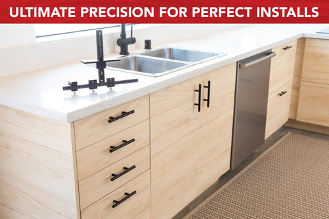 Cabinet Hardware Jig With Patent Pending True Calibration And Laser Engraved Rulers for precise knob and pull placement on cabinets