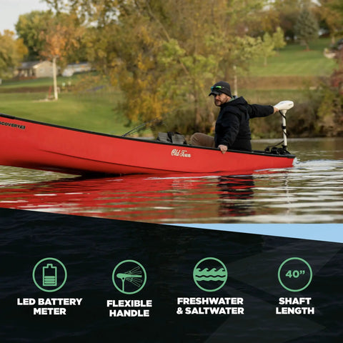 62lb Thrust Transom Mounted Saltwater Electric Trolling Motor With LED Battery Indicator And 40 Inch Shaft in use on red canoe