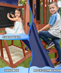 Applewood Cedar Wooden Swing Set With Double A Frame And Easy Setup featuring chalkboard, sandbox, rock wall ladder.