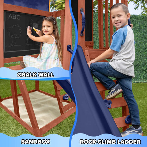 Applewood Cedar Wooden Swing Set With Double A Frame And Easy Setup featuring chalkboard, sandbox, rock wall ladder.