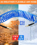Coiled Air Hose One Quarter Inch Fits Air Compressors For Tire Inflation Auto Repair Work Spring Design Stops Tangles Keeps Workspace Clean Handles High Pressure Pneumatic Tools Like A Boss For Pros Who Hate Mess And Want Solid Gear That Never Fails Ever blue all-weather hose 300 PSI max