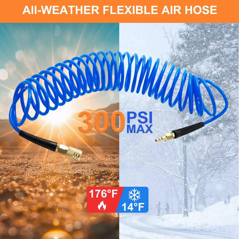 Coiled Air Hose One Quarter Inch Fits Air Compressors For Tire Inflation Auto Repair Work Spring Design Stops Tangles Keeps Workspace Clean Handles High Pressure Pneumatic Tools Like A Boss For Pros Who Hate Mess And Want Solid Gear That Never Fails Ever blue all-weather hose 300 PSI max