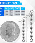 Stainless Steel Bead Chain Swivels For Catfish Tackle And Rig Gear Saltwater And Freshwater Fishing Beads Twenty To Forty Pack With Three Sixteenth Inch Beads Four Point Five Millimeter Durable Tackle Accessory size chart with 4.5mm and 1.85in