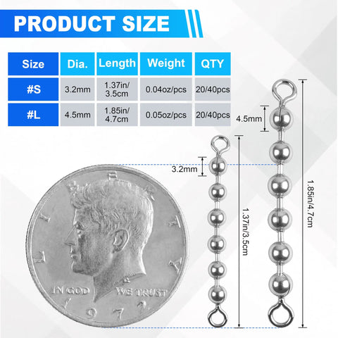 Stainless Steel Bead Chain Swivels For Catfish Tackle And Rig Gear Saltwater And Freshwater Fishing Beads Twenty To Forty Pack With Three Sixteenth Inch Beads Four Point Five Millimeter Durable Tackle Accessory size chart with 4.5mm and 1.85in