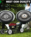 4 Pack Lawn Mower Drive Wheels Replacement Set For Honda HRR216 HRS216 HRT216 Includes 2 Rear Wheels And 2 Front Wheels shown with lawn mower in use