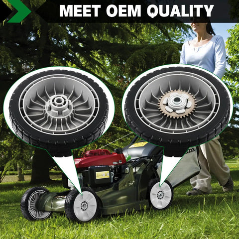 4 Pack Lawn Mower Drive Wheels Replacement Set For Honda HRR216 HRS216 HRT216 Includes 2 Rear Wheels And 2 Front Wheels shown with lawn mower in use
