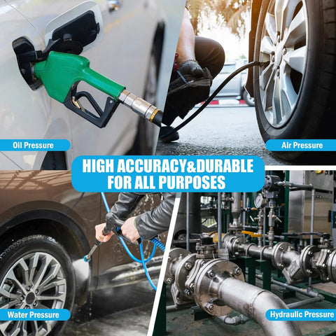 Pressure gauge collage showing oil, water, air and hydraulic systems with a banner reading High Accuracy and Durability