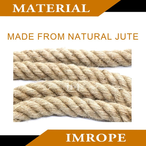 Close-up of heavy-duty four strand natural jute rope, 1.5 inch diameter, 50 feet long for DIY, garden, home decor, eco-friendly plant fiber