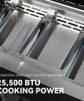 Inside view of Three Burner Propane Griddle On Folding Stand 23 Inch Portable Griddle With stainless steel burners, 25500 BTU power