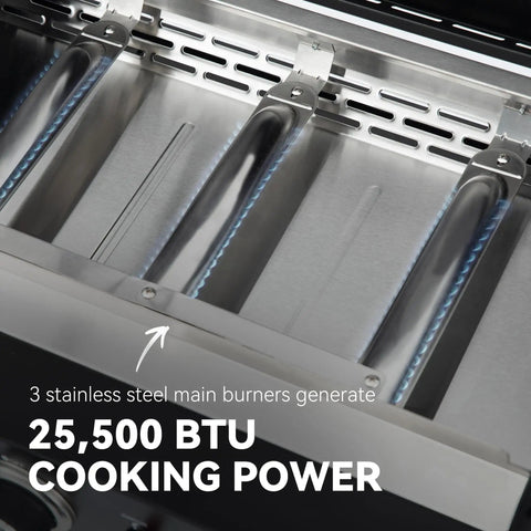 Inside view of Three Burner Propane Griddle On Folding Stand 23 Inch Portable Griddle With stainless steel burners, 25500 BTU power