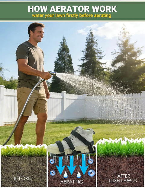 How aerator work with heavy duty lawn aerator shoes with dual straps for stable no slip aeration on grass and yards diagram