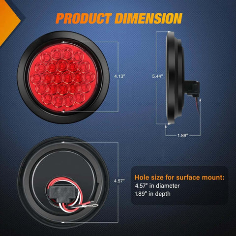 Badass 4 Inch Round LED Trailer Tail Lights Set of 4 with High Brightness Red and White SMD LEDs, flush mount dimensions