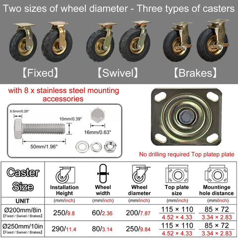 Bulletproof Rubber Caster Wheels For Yard Cart Trolley 2 Pack Swivel And Brake Casters showcasing fixed, swivel, and brake types with stainless steel mounts.