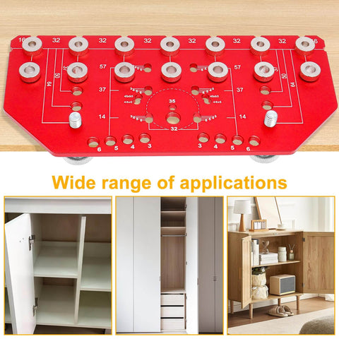 2 In 1 Shelf Pin And Hinge Jig With Self Contained Clamping For Concealed Cabinet Hardware shown with application examples