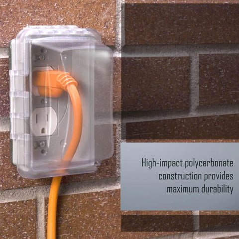 Weatherproof In-Use Electrical Outlet Cover 1-Gang with horizontal or vertical mount installed on exterior brick wall, clear polycarbonate.