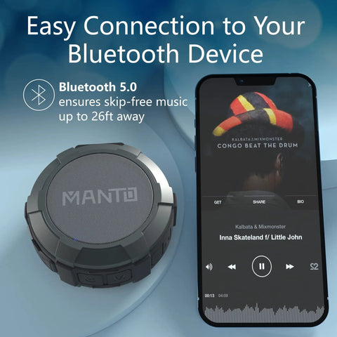 Bluetooth Speaker IPX5 Waterproof Portable Shower Speaker With 12 Hour Battery and Micro SD Playback next to a smartphone
