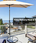 Rugged Deck Railing Umbrella Holder Mount for Patio installed on balcony rail with umbrella, no fuss easy install design shown in use
