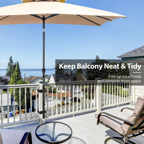 Rugged Deck Railing Umbrella Holder Mount for Patio installed on balcony rail with umbrella, no fuss easy install design shown in use