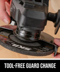 Heavy Duty 20V Cordless Angle Grinder With Digital Brushless Motor that Works Like A Champ tool-free guard change close-up.