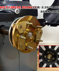 Grip Tight 40mm Shaft Wheel Balancer Adapter With Shop Grade Tire Balancer Clamp close-up on bolt circle diameter measurement.