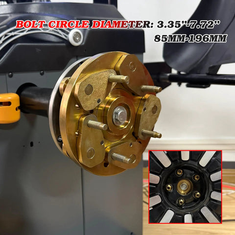 Grip Tight 40mm Shaft Wheel Balancer Adapter With Shop Grade Tire Balancer Clamp close-up on bolt circle diameter measurement.