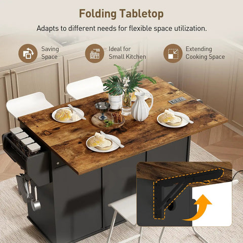 Ultimate Home Kitchen Island With Built In Power Outlets and Drop Leaf, fold-out rustic brown tabletop in kitchen setting.