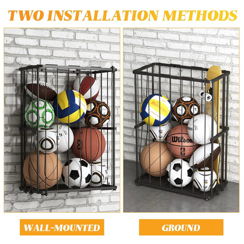 Heavy Duty Garage Ball Storage Rack With No Fuss Elastic Strap Wall Mount Or Floor Stand Option For Basketball Soccer Football Volleyball Gear In Matte Black