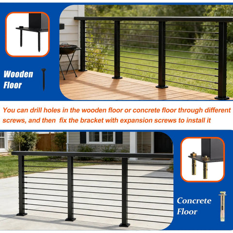 Matte Black 12-20 ft Cable Railing Post Kit with 4 Posts, 206 ft of Stainless Steel 1/10 Inch Wire Rope on deck with wooden and concrete floor options.